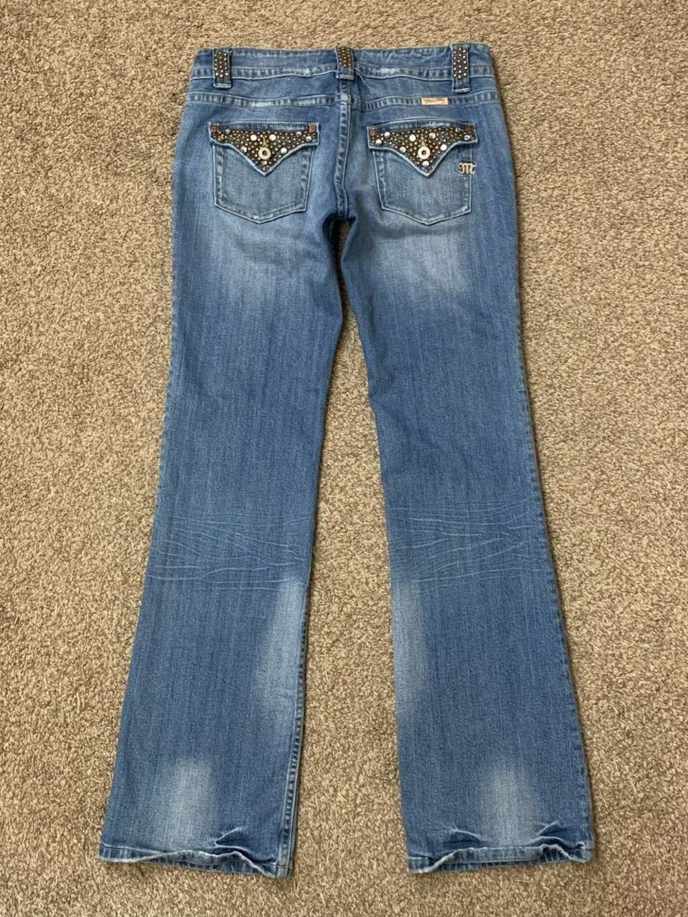 Miss Me Jeans Womens 31 Blue Denim Studded Bling Flap Pockets Flare Leg Low Rise